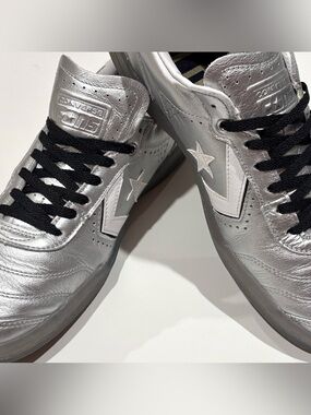 Converse Silver Leather Low-Top Sneaker with White Chevron Star